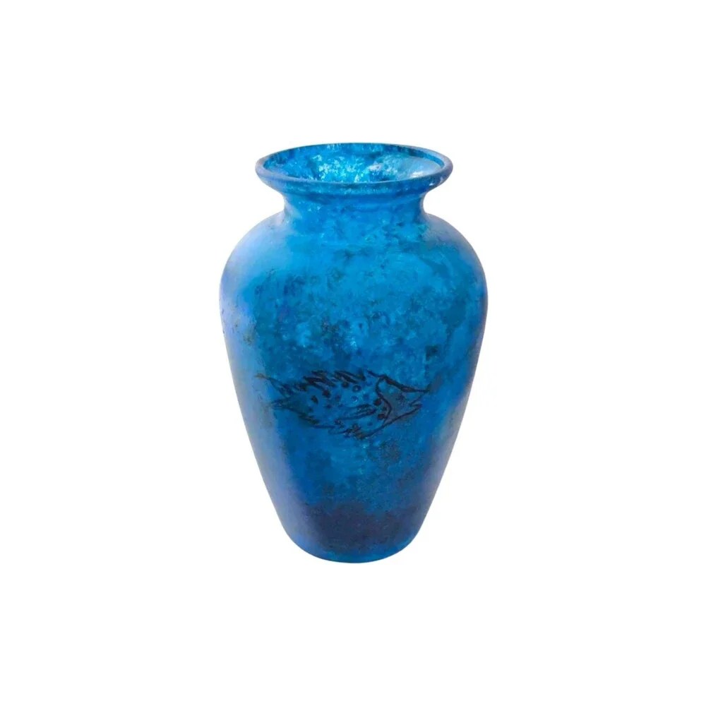 Vintage Hand Blown Cobalt Blue Art Glass Vase Mottled Fish Motif Coastal 5.25”